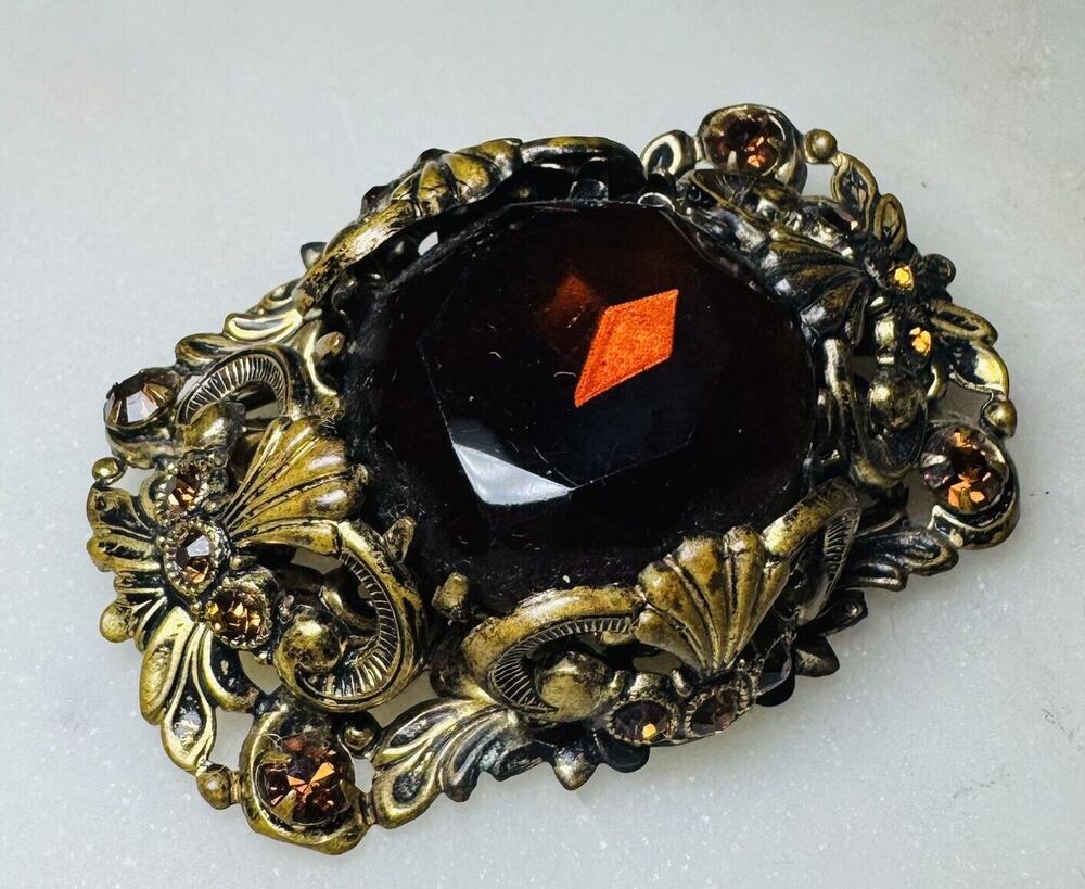Vintage Singed West Germany Root beer Amber Brown Glass Gold Filigree Brooch